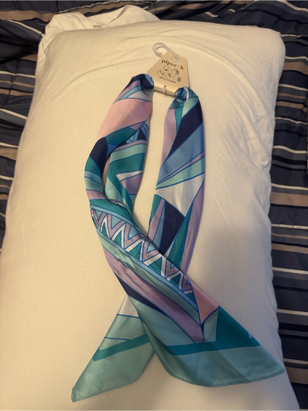 Piper & Co. Pastel Geometric Twilly Scarf in Teal, Light Blue & Lavender